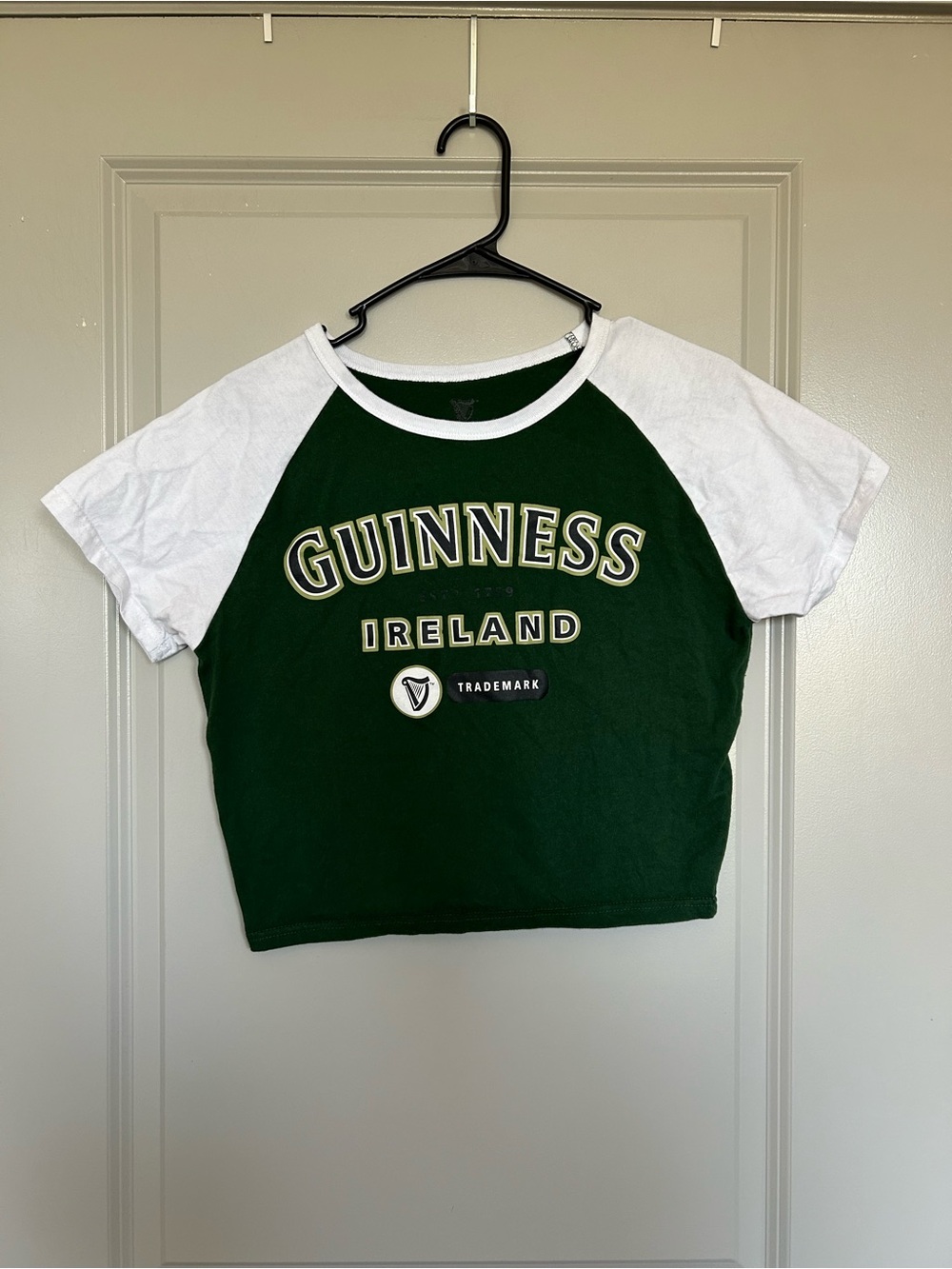 Guinness Women’s Cropped Dark Green and White Raglan Tee
